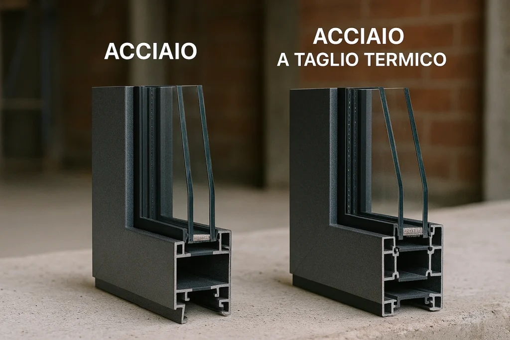 Foto realistica di due sezioni di infissi in acciaio: a sinistra modello standard e a destra modello a taglio termico con barriera isolante visibile.
