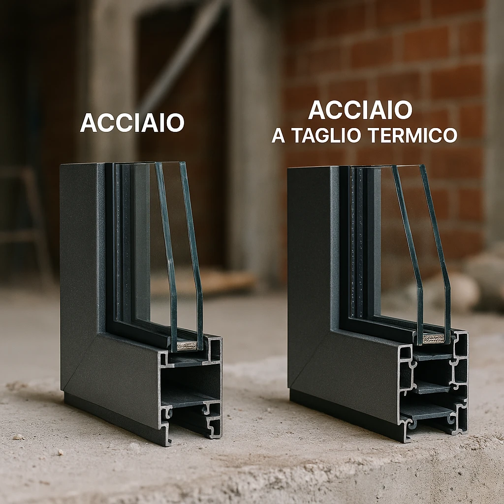 abella comparativa tra infissi in acciaio e infissi in acciaio a taglio termico con vantaggi e svantaggi a confronto.